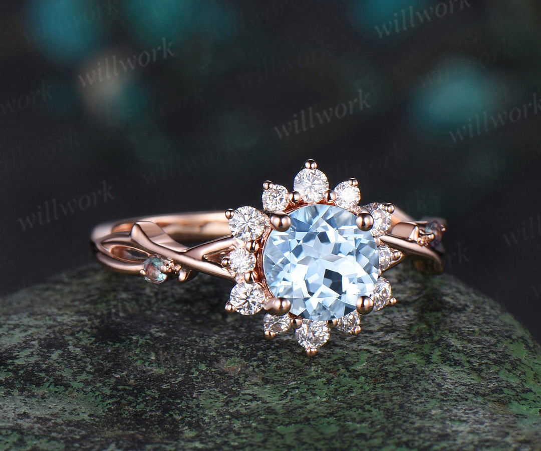 Round cut aquamarine engagement ring rose gold twisted branch vine halo diamond ring vintage March birthstone ring women