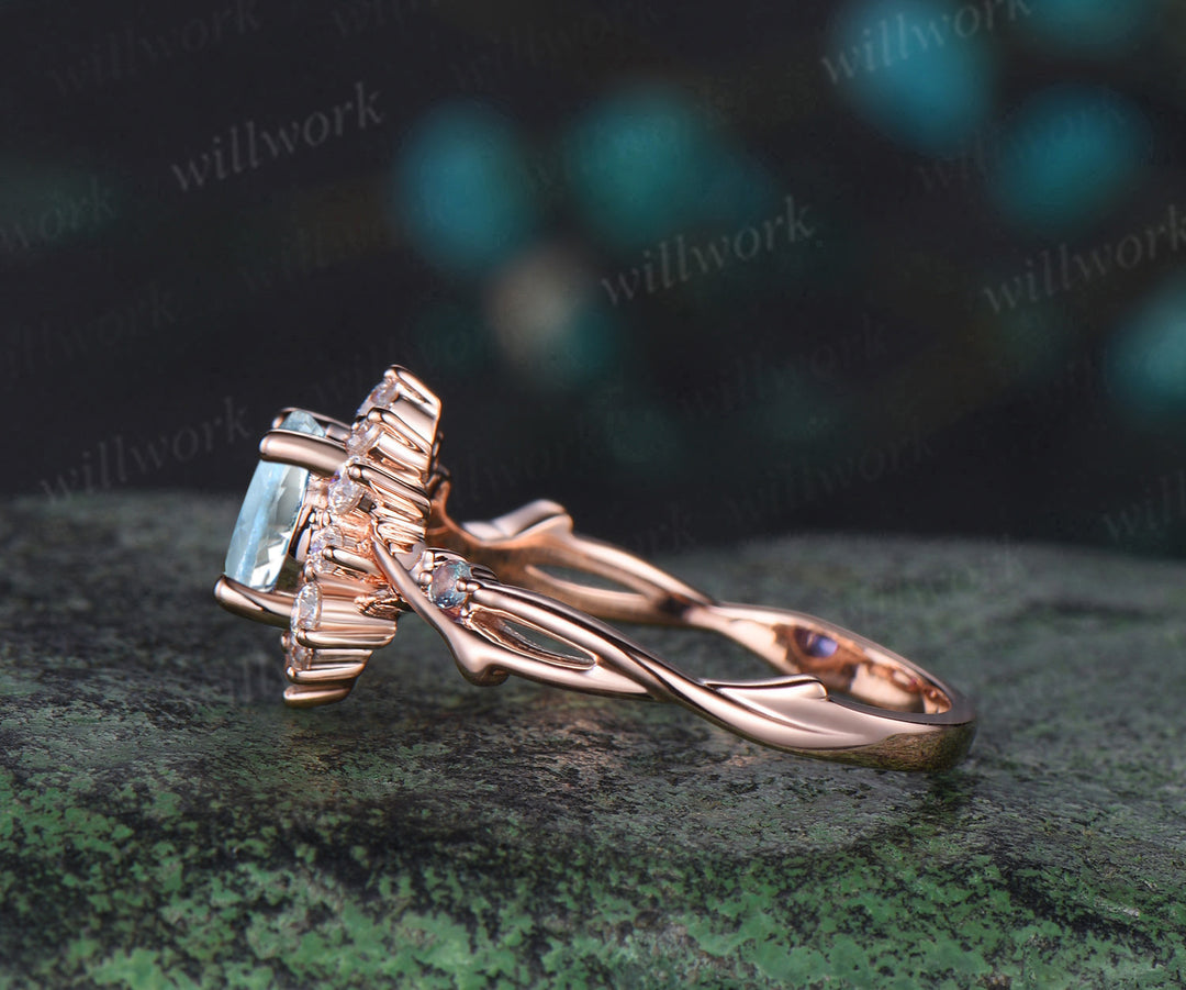 Round cut aquamarine engagement ring rose gold twisted branch vine halo diamond ring vintage March birthstone ring women