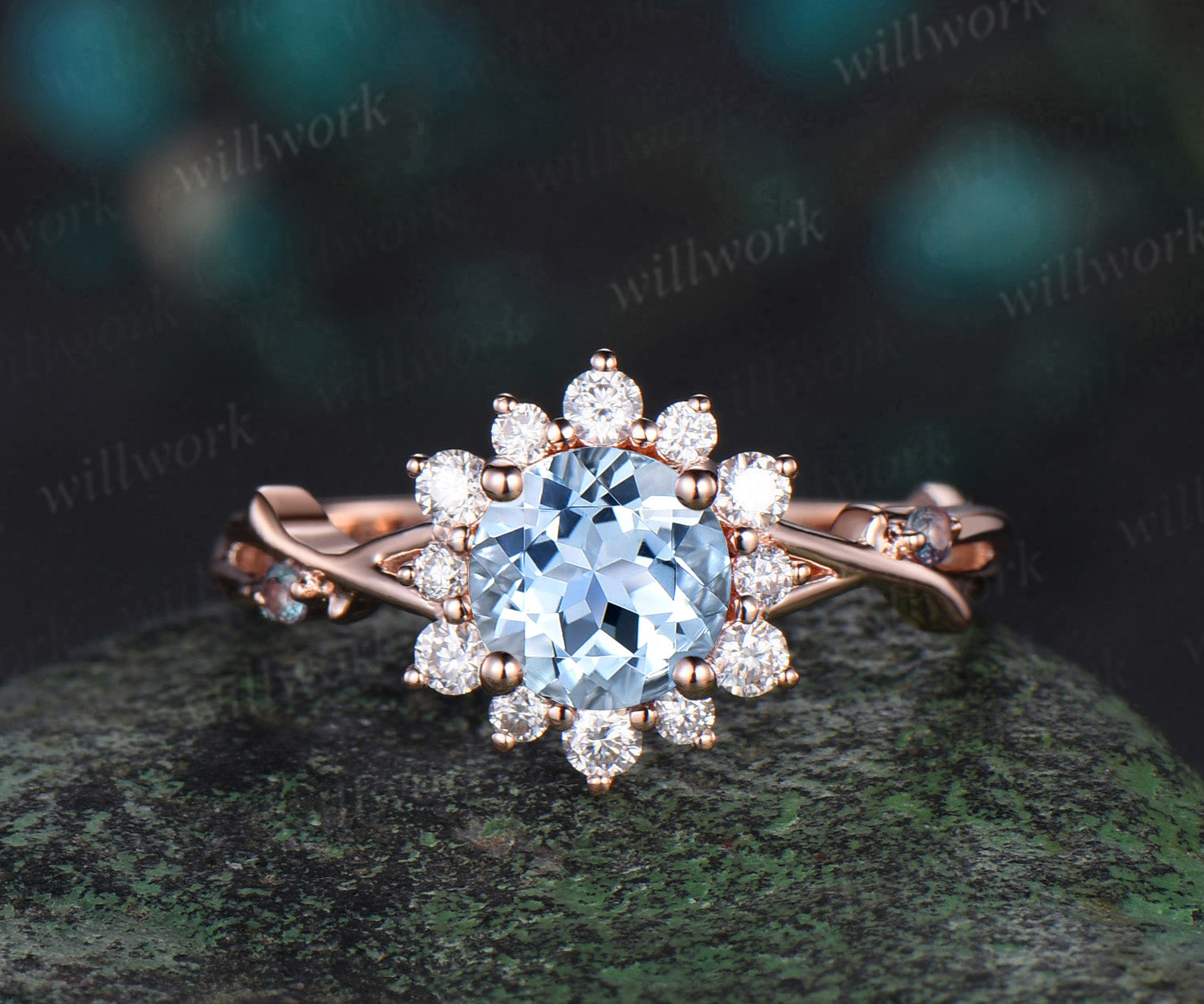 Round cut aquamarine engagement ring rose gold twisted branch vine hal ...