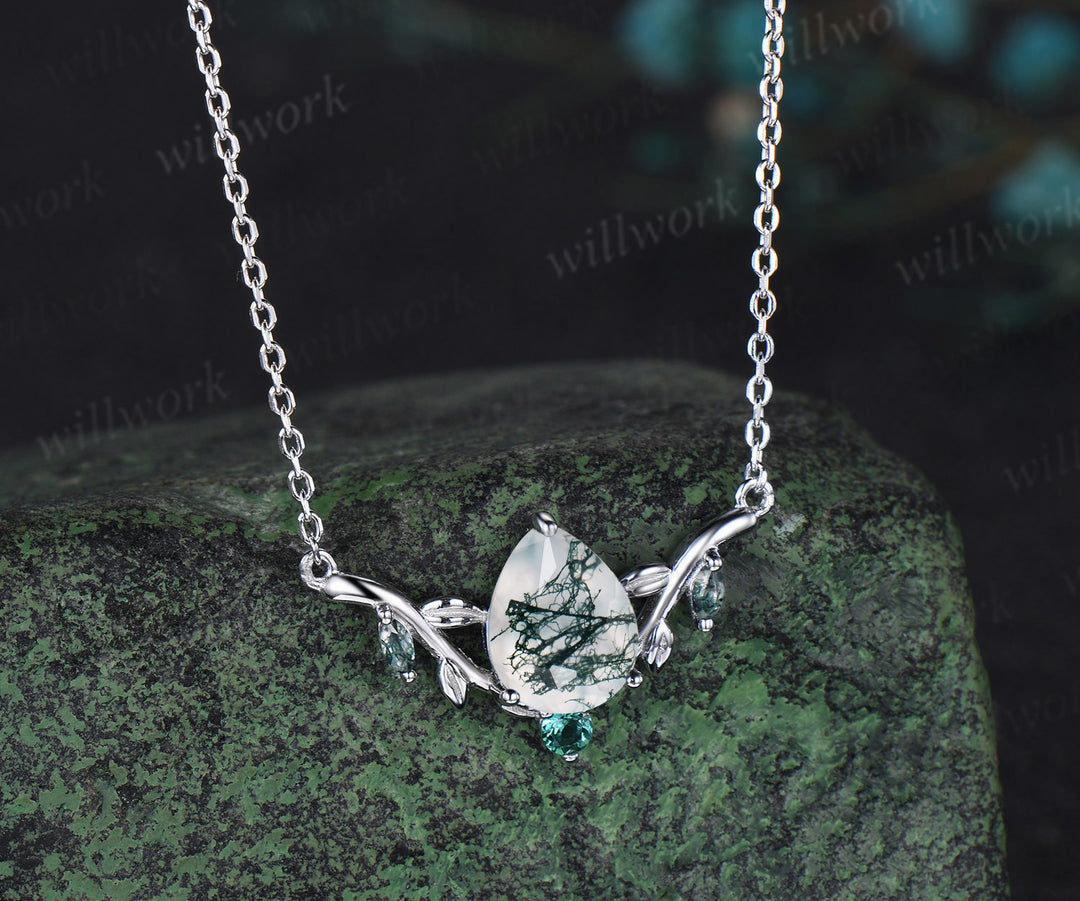 Pear shaped green moss agate necklace solid 14k white gold four stone nature inspired leaf emerald necklace anniversary gift women