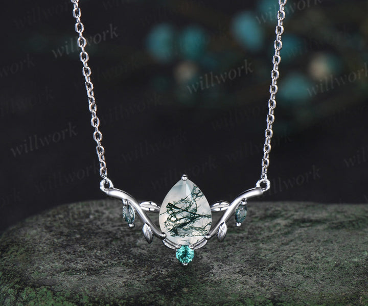 Pear shaped green moss agate necklace solid 14k white gold four stone nature inspired leaf emerald necklace anniversary gift women