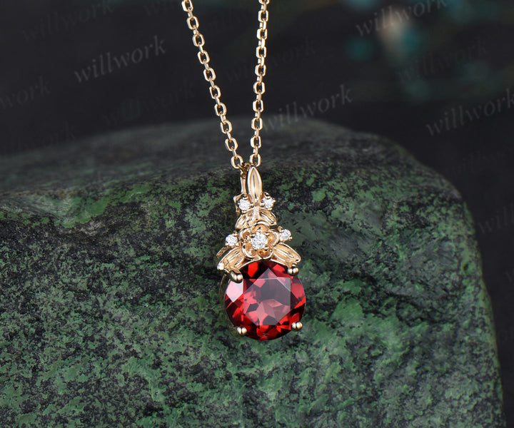 Vintage round cut red garnet necklace 14k yellow gold Floral leaf diamond pendant women anniversary gift jewelry
