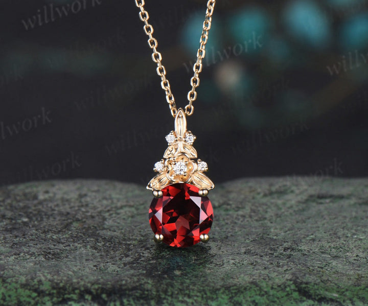 Vintage round cut red garnet necklace 14k yellow gold Floral leaf diamond pendant women anniversary gift jewelry