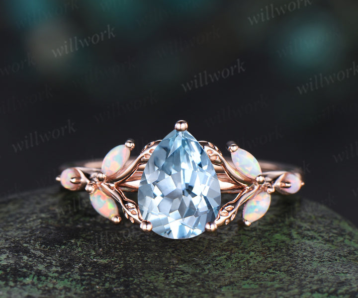 Pear cut aquamarine engagement ring retro 14k rose gold nature inspired leaf marquise opal ring unique wedding bridal ring women jewelry