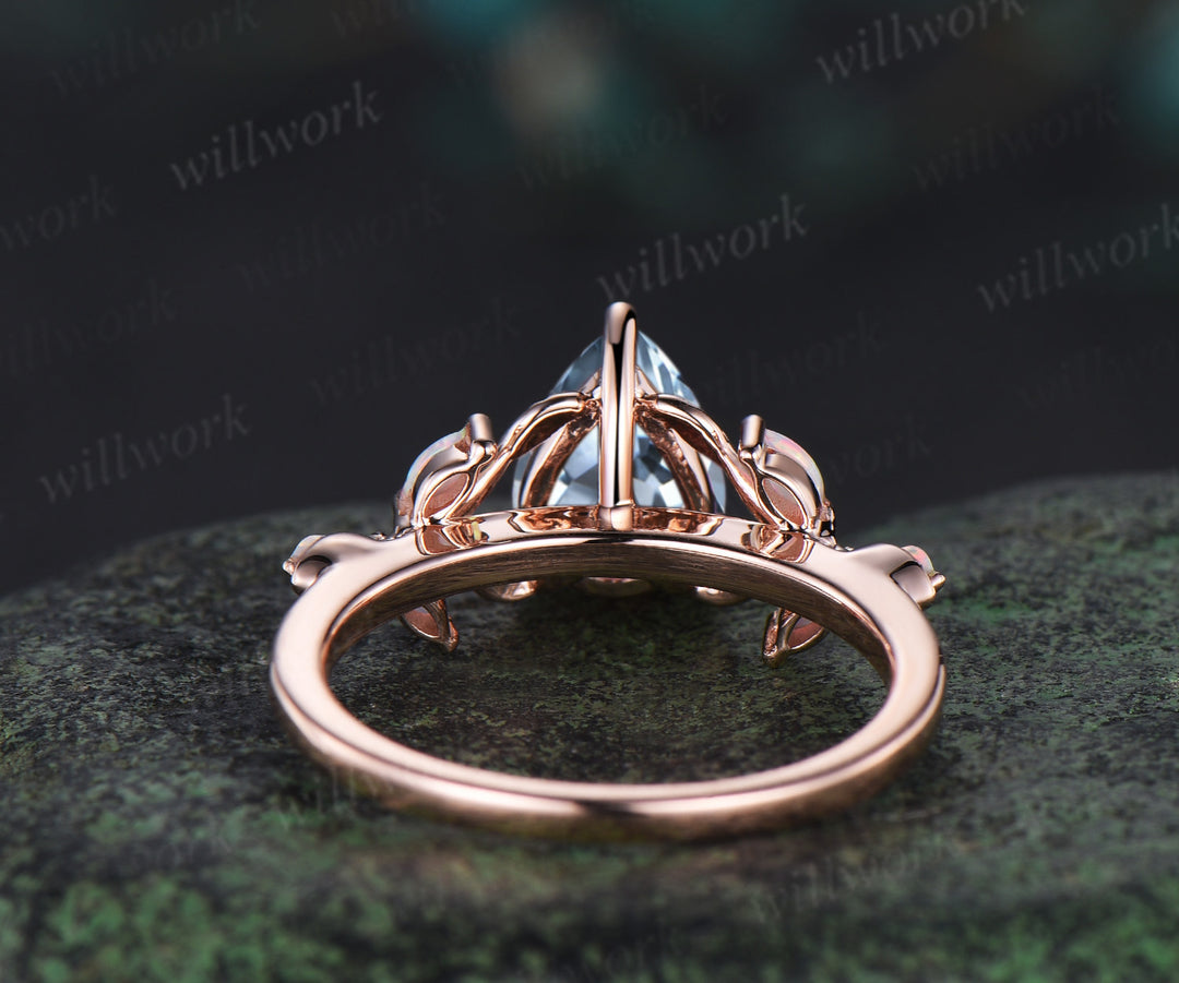 Pear cut aquamarine engagement ring retro 14k rose gold nature inspired leaf marquise opal ring unique wedding bridal ring women jewelry