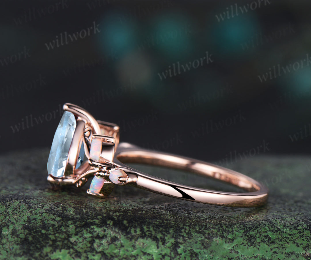 Pear cut aquamarine engagement ring retro 14k rose gold nature inspired leaf marquise opal ring unique wedding bridal ring women jewelry