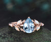 Pear cut aquamarine engagement ring retro 14k rose gold nature inspired leaf marquise opal ring unique wedding bridal ring women jewelry