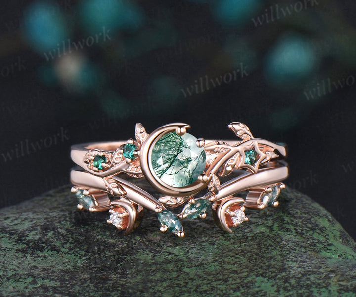 Vintage round cut green moss agate engagement ring rose gold leaf star emerald ring women moon wedding band stacking bridal set