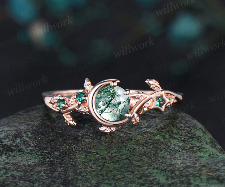 Vintage round cut green moss agate engagement ring rose gold leaf star emerald ring women moon wedding band stacking bridal set