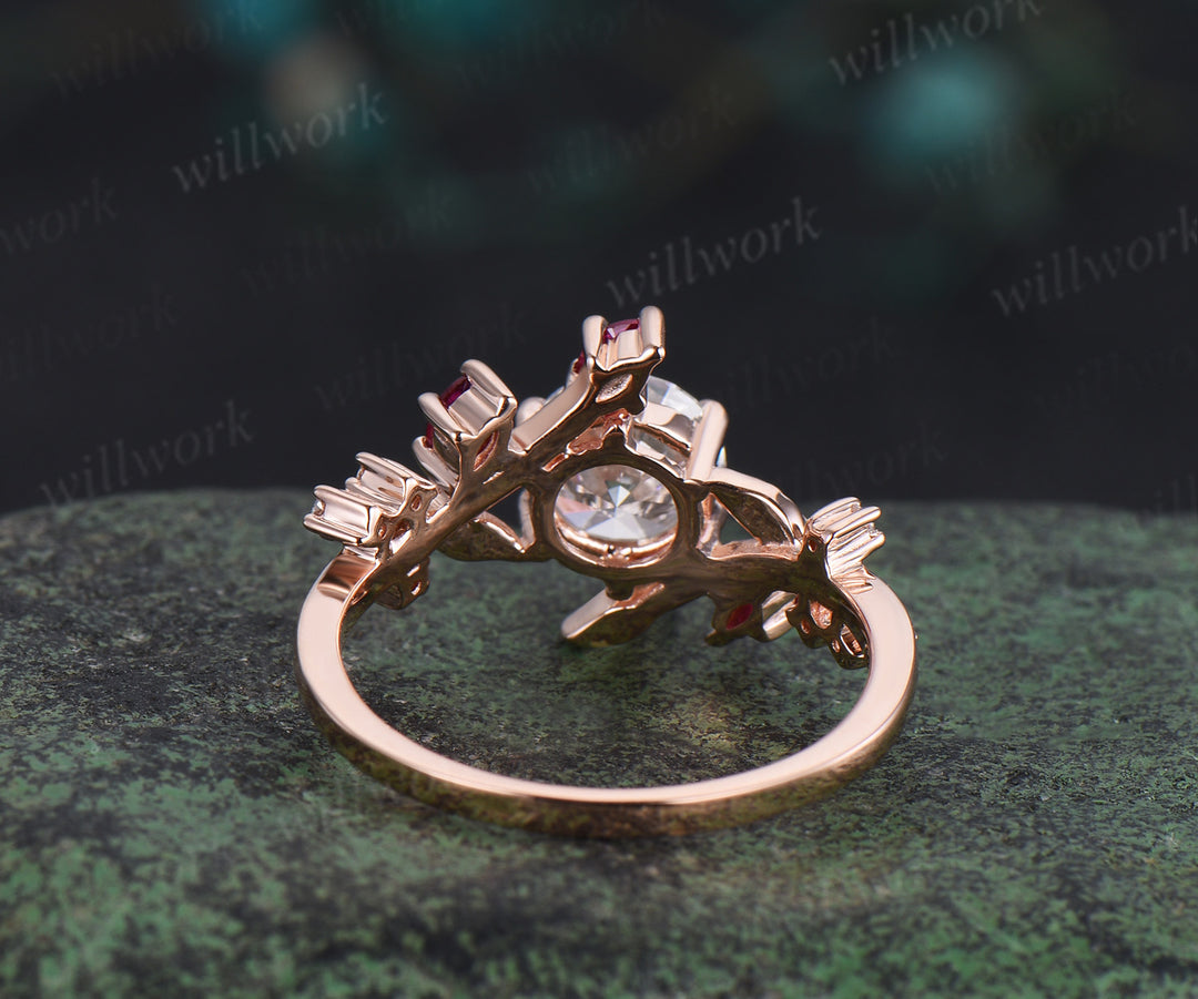 Vintage 1ct round cut Lab grown diamond engagement ring solid 14k rose gold twisted leaf ruby diamond promise wedding ring women jewelry