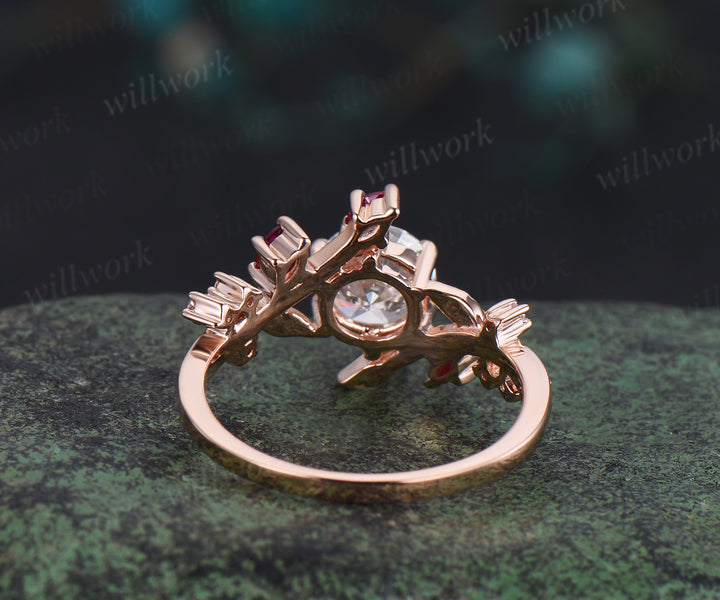 Vintage 1ct round cut Lab grown diamond engagement ring solid 14k rose gold twisted leaf ruby diamond promise wedding ring women jewelry