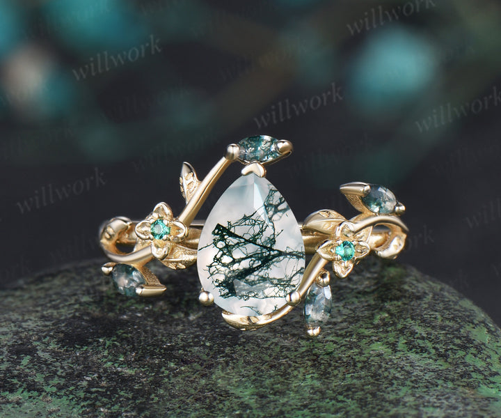 Vintage pear green moss agate engagement ring solid 14k yellow gold nature inspired leaf floral emerald wedding ring women gift