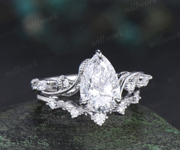 2 Carat Pear Lab Grown Diamond IGI Engagement Ring Nature Inspired Diamond Wedding Ring White Gold Diamond Bridal Ring for Her