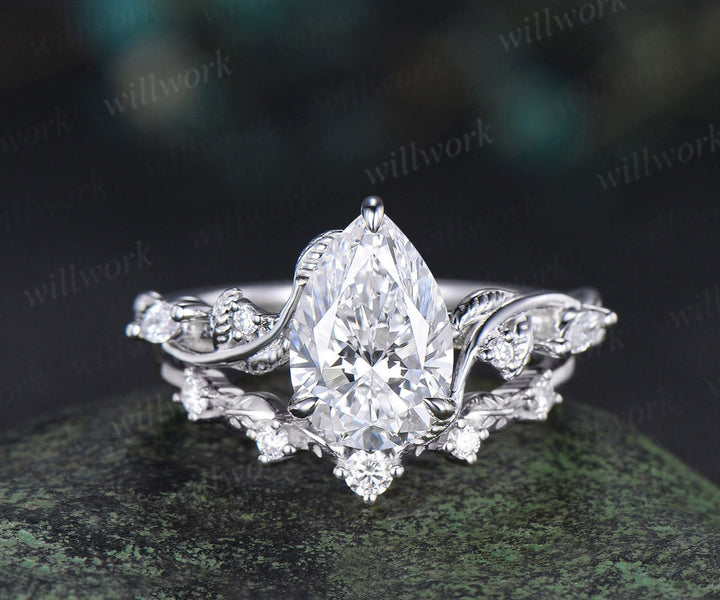 2 Carat Pear Lab Grown Diamond IGI Engagement Ring Nature Inspired Diamond Wedding Ring White Gold Diamond Bridal Ring for Her