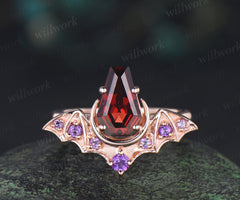 Kite coffin red garnet ring rose gold bat moon wing engagement ring amethyst wedding ring