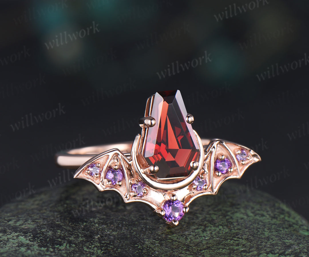 Kite coffin red garnet ring rose gold bat moon wing engagement ring amethyst wedding ring