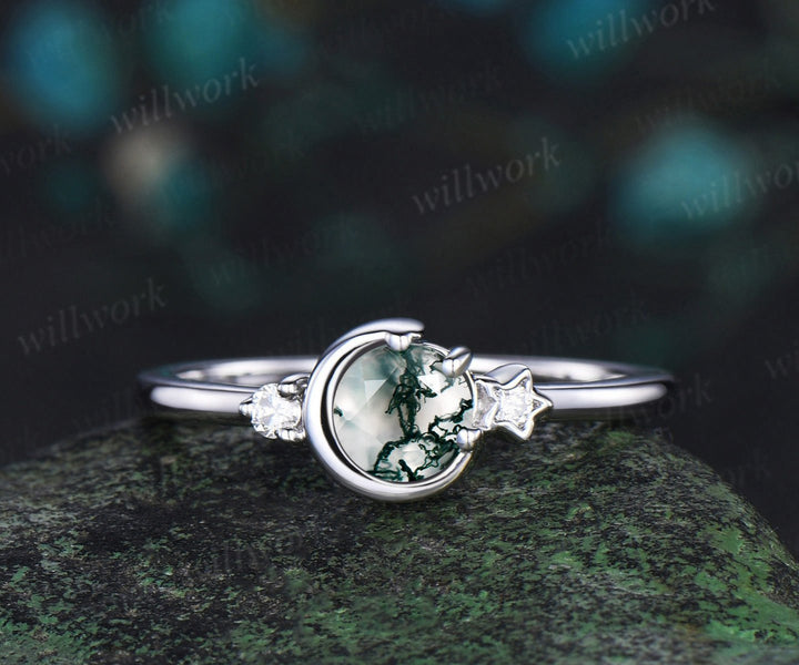 Round cut moss agate ring white gold three stone diamond ring women vintage unique star moon engagement ring dainty anniversary gift