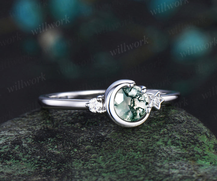 Round cut moss agate ring white gold three stone diamond ring women vintage unique star moon engagement ring dainty anniversary gift