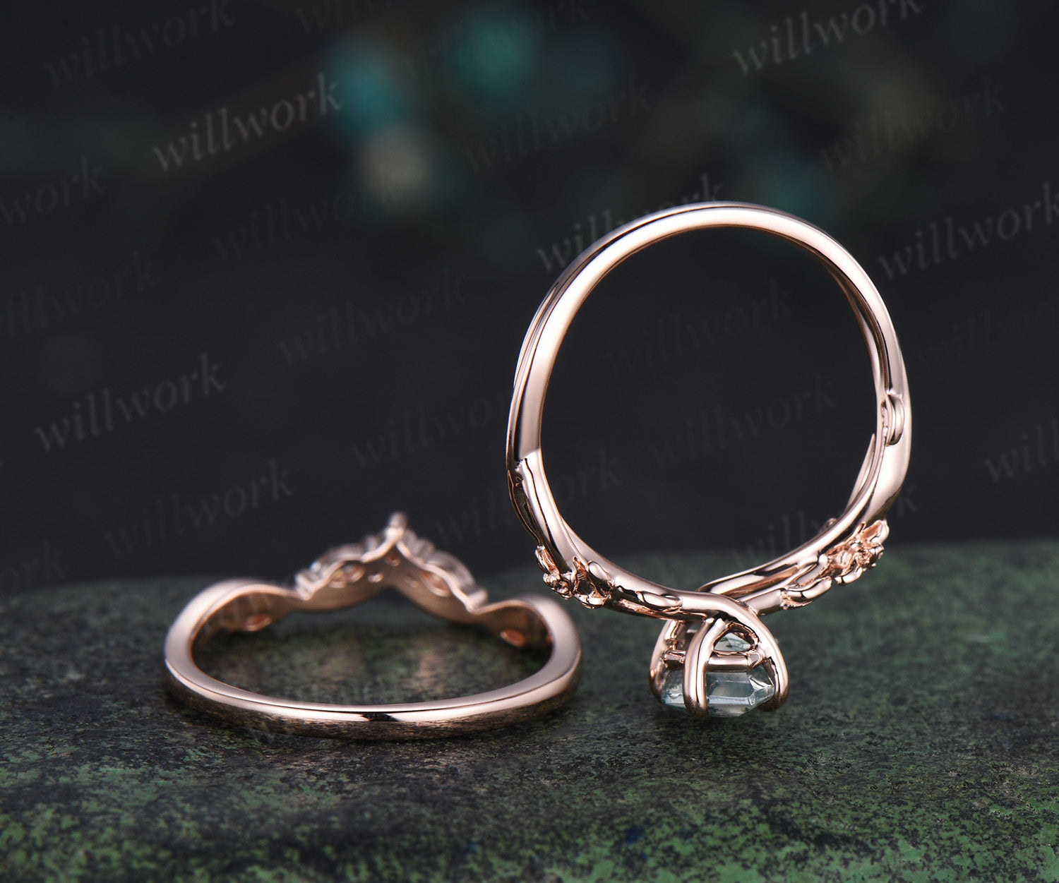 Kite cut natural moss agate ring floral infinity leaf engagement