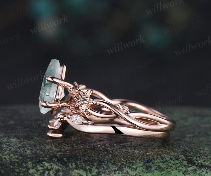 Kite cut natural moss agate ring floral infinity leaf engagement ring set nature inspired rose gold emerald bridal set women