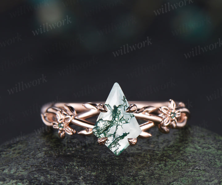 Kite cut natural moss agate ring floral infinity leaf engagement ring set nature inspired rose gold emerald bridal set women