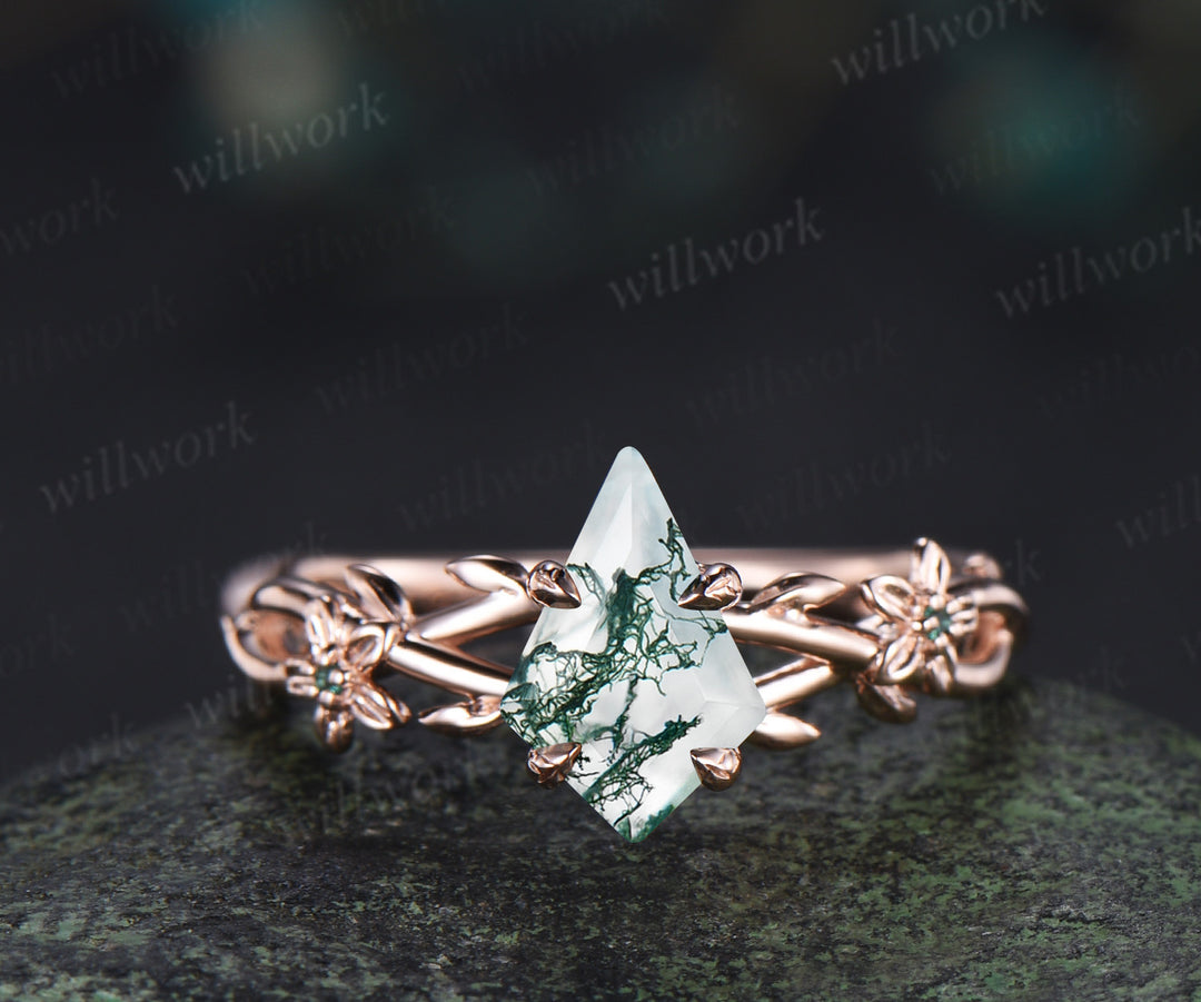 Kite cut natural moss agate ring floral infinity leaf engagement ring set nature inspired rose gold emerald bridal set women