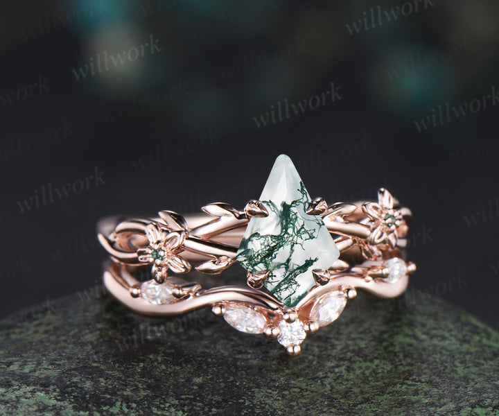 Kite cut natural moss agate ring floral infinity leaf engagement ring set nature inspired rose gold emerald bridal set women