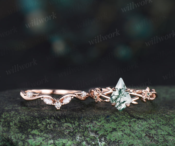 Kite cut natural moss agate ring floral infinity leaf engagement ring set nature inspired rose gold emerald bridal set women