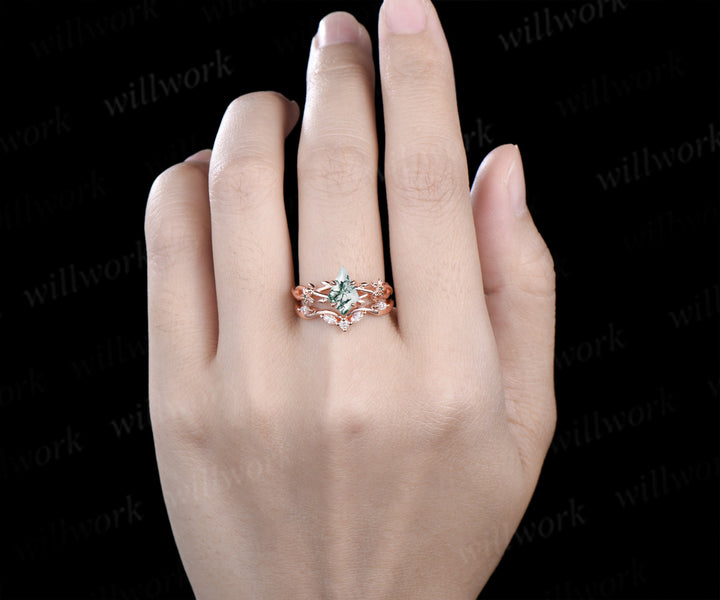 Kite cut natural moss agate ring floral infinity leaf engagement ring set nature inspired rose gold emerald bridal set women