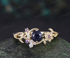 Round Galaxy Blue Sandstone ring cluster moon floral leaf Engagement Ring yellow gold amethyst wedding ring women