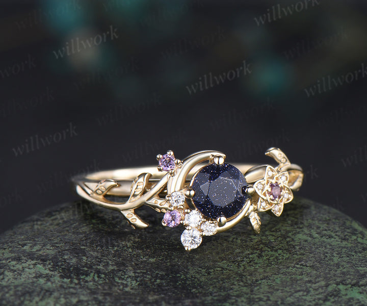 Round Galaxy Blue Sandstone ring cluster moon floral leaf Engagement Ring yellow gold amethyst wedding ring women