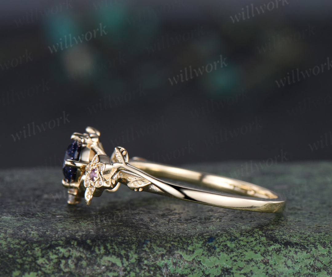 Round Galaxy Blue Sandstone ring cluster moon floral leaf Engagement Ring yellow gold amethyst wedding ring women