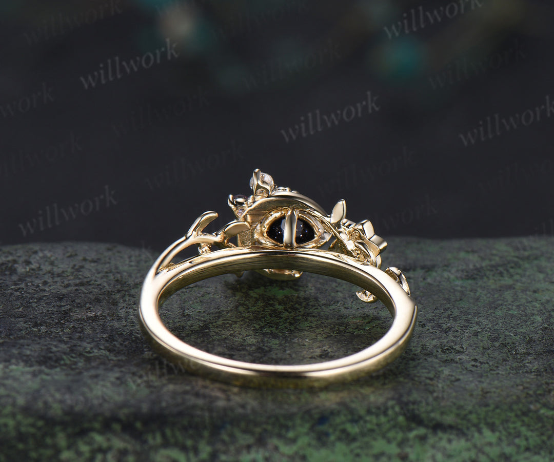 Round Galaxy Blue Sandstone ring cluster moon floral leaf Engagement Ring yellow gold amethyst wedding ring women