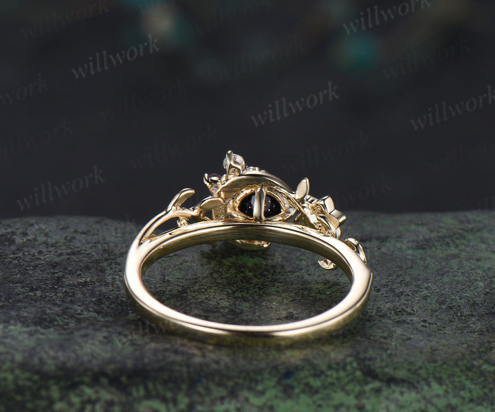 Round Galaxy Blue Sandstone ring cluster moon floral leaf Engagement Ring yellow gold amethyst wedding ring women