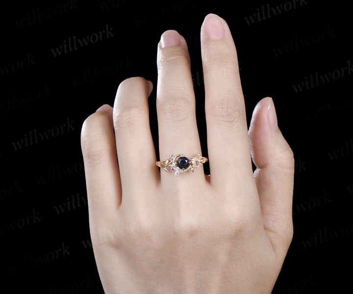 Round Galaxy Blue Sandstone ring cluster moon floral leaf Engagement Ring yellow gold amethyst wedding ring women