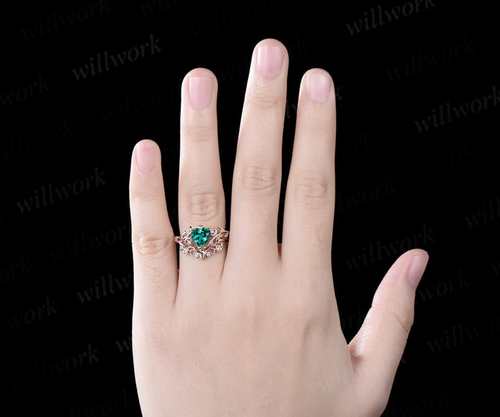 Vintage heart green emerald engagement ring rose gold twig leaf Nature inspired moon diaomnd Celtic knot wedding ring set
