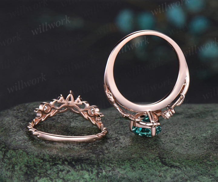 Vintage heart green emerald engagement ring rose gold twig leaf Nature inspired moon diaomnd Celtic knot wedding ring set