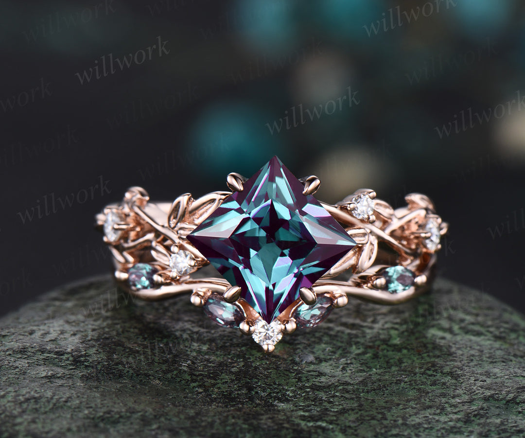 Princess cut Alexandrite engagement ring set 14k white gold five stone leaf branch Nature inspired ring diamond bridal ring set women gift