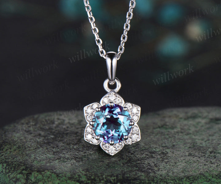Floral round cut alexandrite necklace solid 14k white gold flower halo diamond pendant women June birthstone anniversary gift