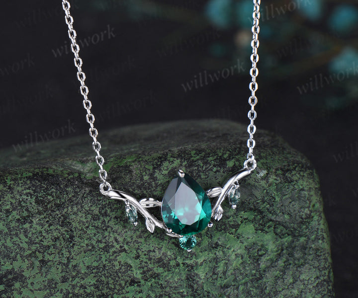 Pear shaped green emerald necklace solid 14k white gold four stone moss agate nature inspired leaf necklace anniversary gift women