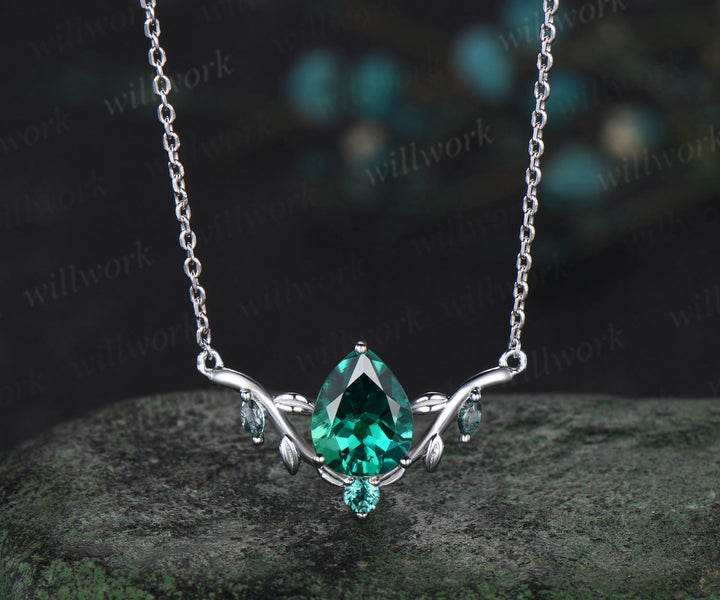 Pear shaped green emerald necklace solid 14k white gold four stone moss agate nature inspired leaf necklace anniversary gift women
