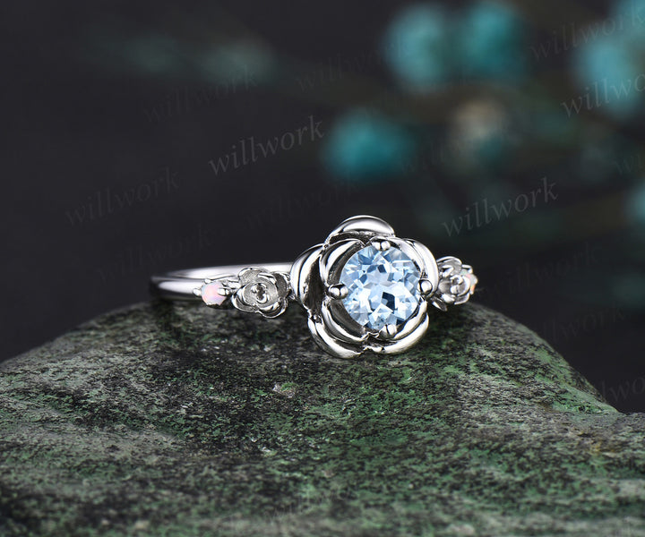 Round cut aquamarine engagement ring white gold flower floral three stone opal ring vintage wedding ring women jewelry