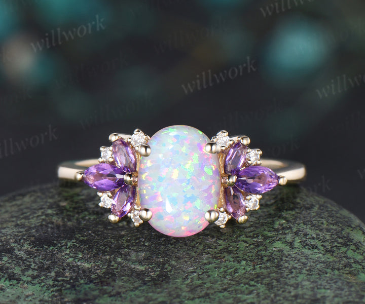 Oval white opal engagement ring solid 14k yellow gold cluster butterfly diamond amethyst Crystal wedding anniversary ring gift