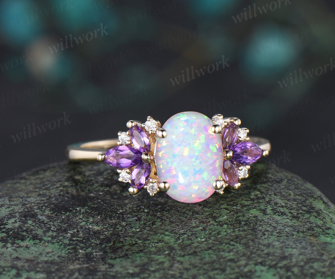 Oval white opal engagement ring solid 14k yellow gold cluster butterfly diamond amethyst Crystal wedding anniversary ring gift