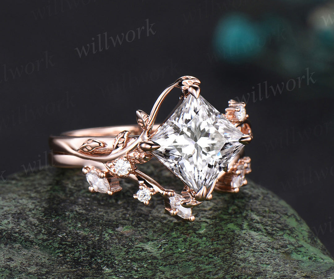 Princess cut moissanite ring vintage rose gold diamond twig leaf unique engagement ring set three stone promise ring women gift