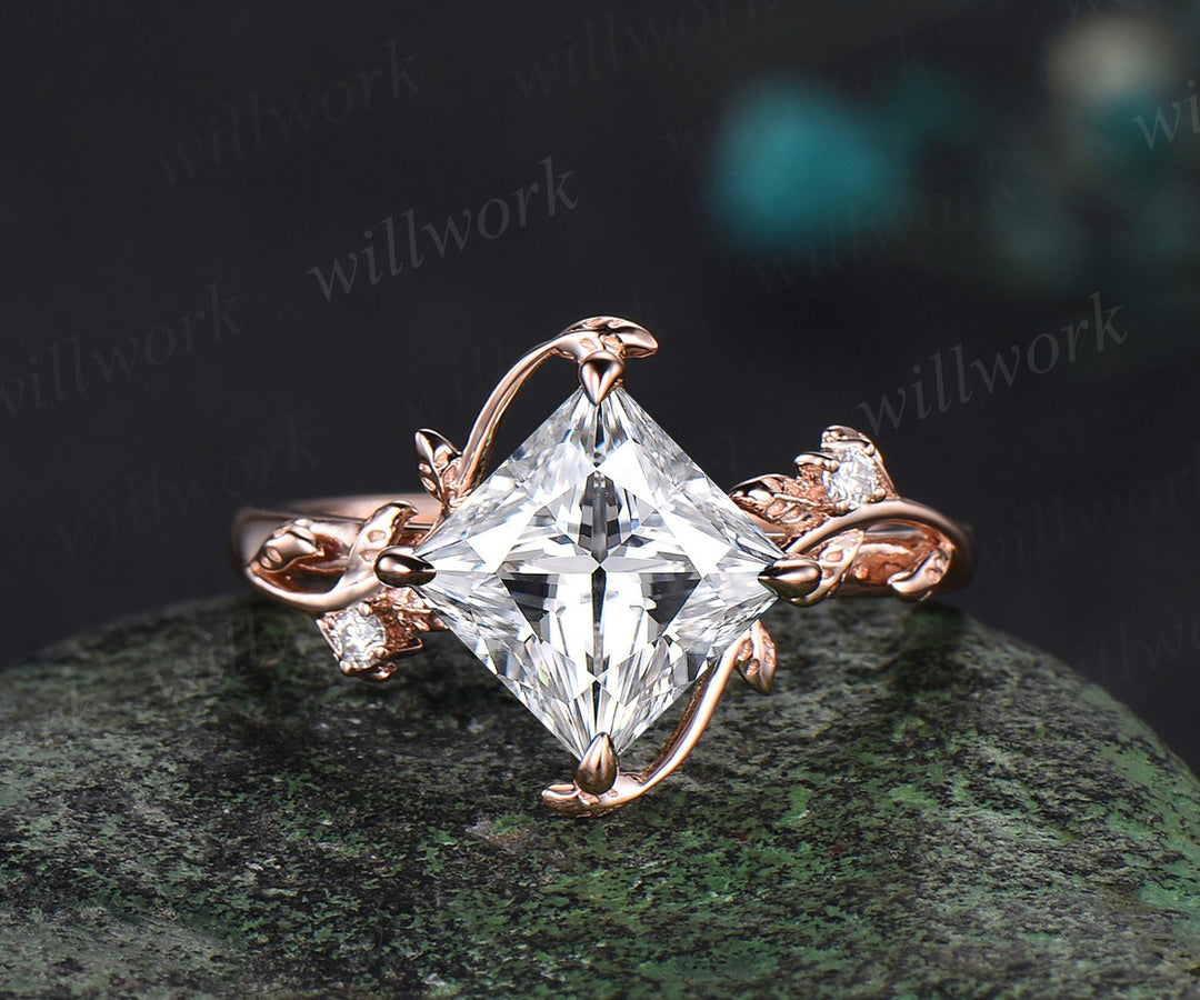 Princess cut moissanite ring vintage rose gold diamond twig leaf unique engagement ring set three stone promise ring women gift