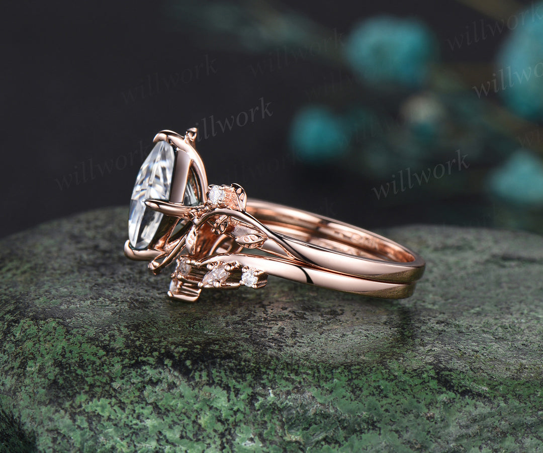 Princess cut moissanite ring vintage rose gold diamond twig leaf unique engagement ring set three stone promise ring women gift