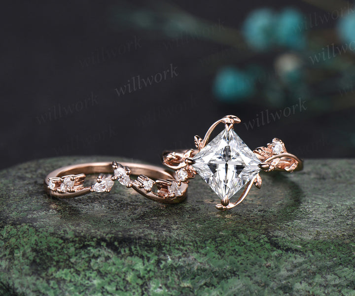 Princess cut moissanite ring vintage rose gold diamond twig leaf unique engagement ring set three stone promise ring women gift