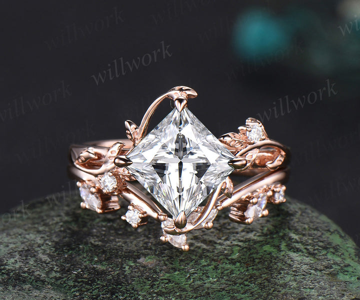 Princess cut moissanite ring vintage rose gold diamond twig leaf unique engagement ring set three stone promise ring women gift