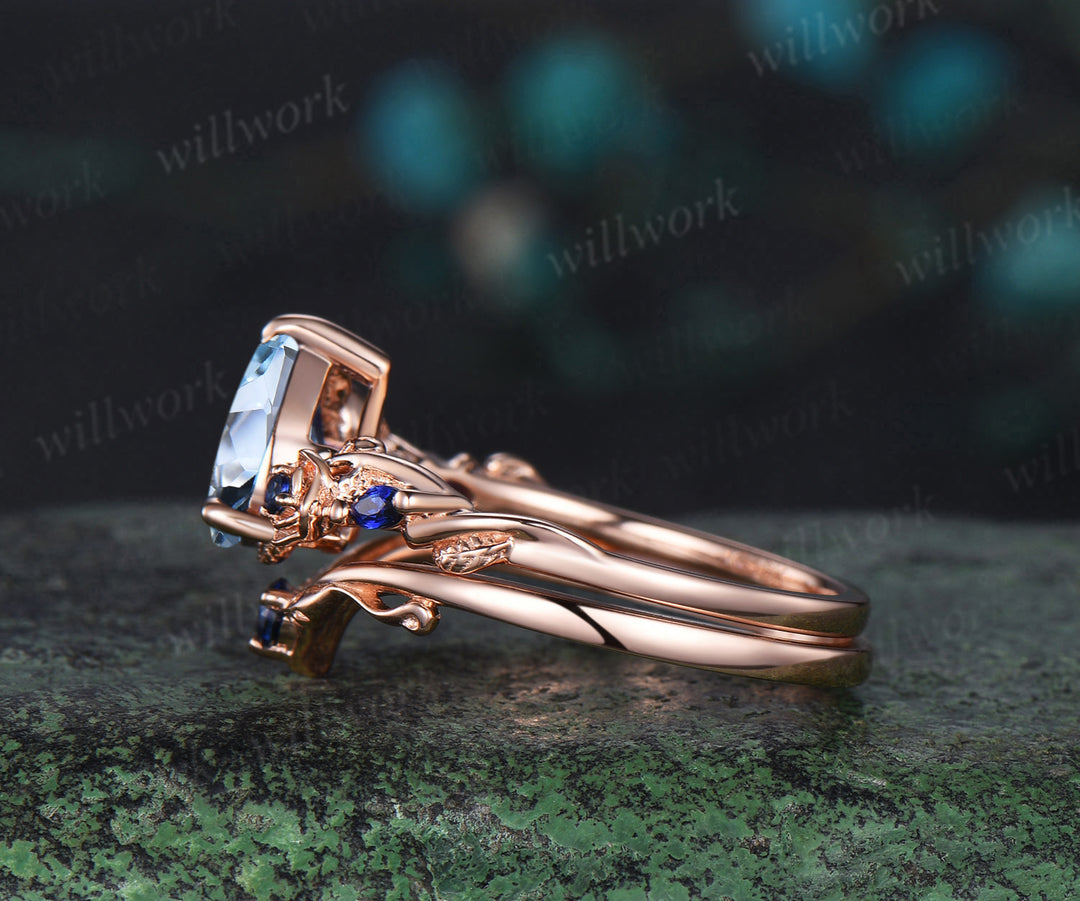 Pear shaped aquamarine engagement ring set rose gold March birthstone leaf floral flower sapphire bridal ring set women